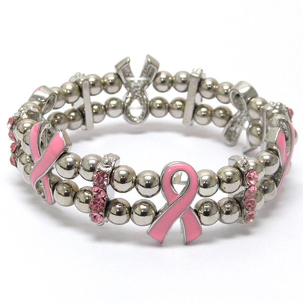 Crystal and epoxy deco pink ribbon double stretch bracelet - breast cancel awareness