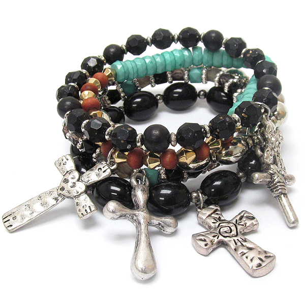 Multi cross charm and bead stretch bracelet set of 5