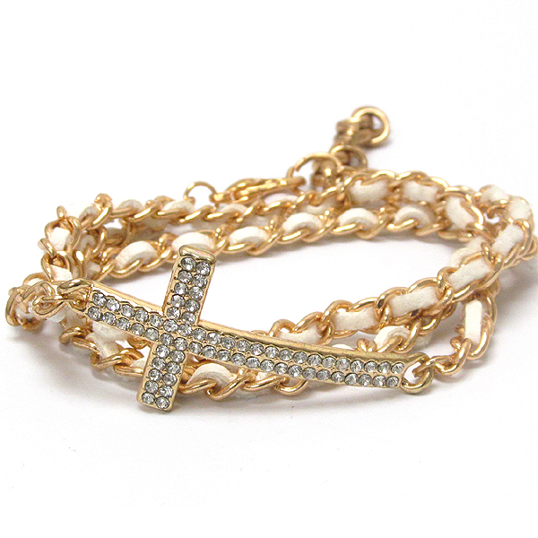 Crystal deco cross and leatherette and chain wrap bracelet