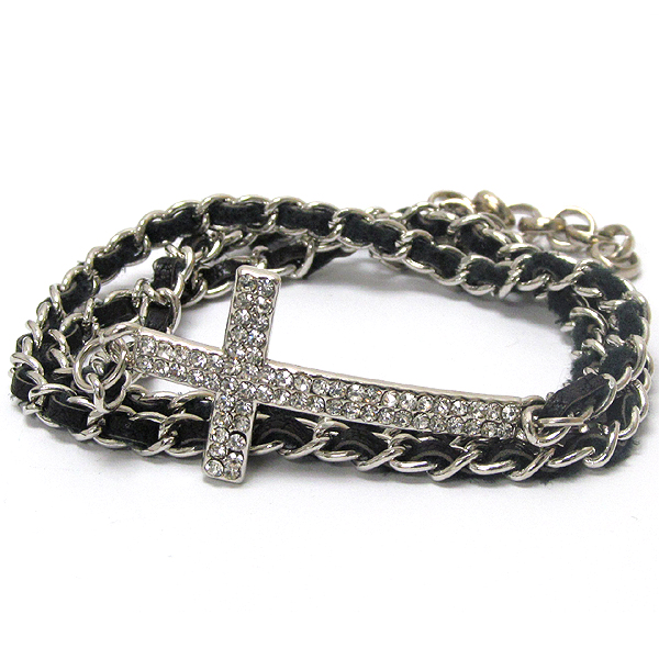 Crystal deco cross and leatherette and chain wrap bracelet