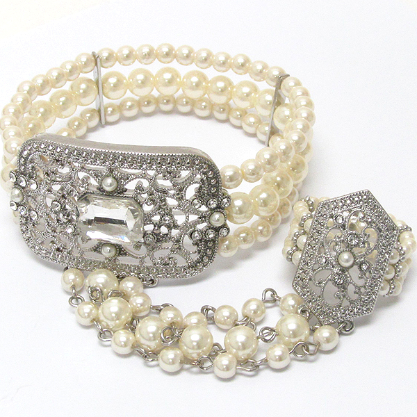 Crystal and pearl deco stretch bracelet and ring set