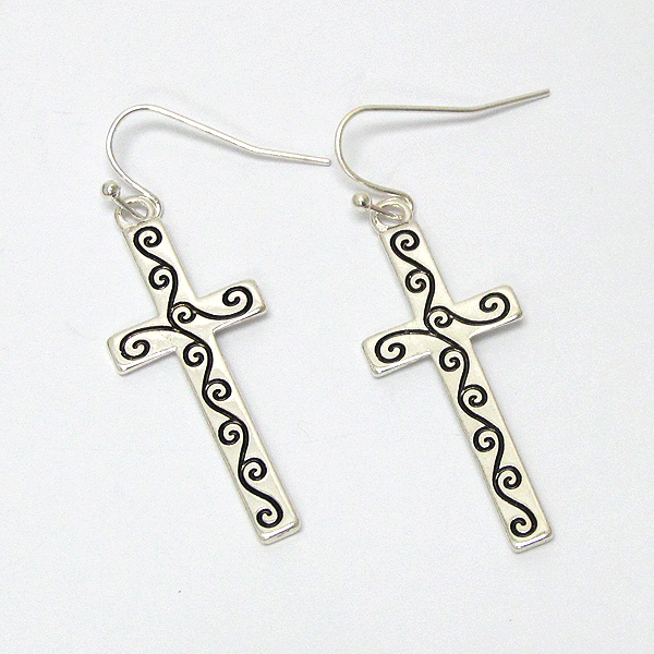 Designer pattern textured cross earring