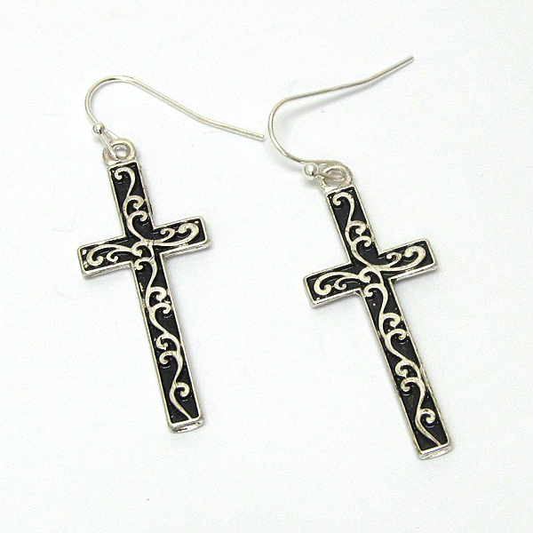 Designer pattern textured cross earring