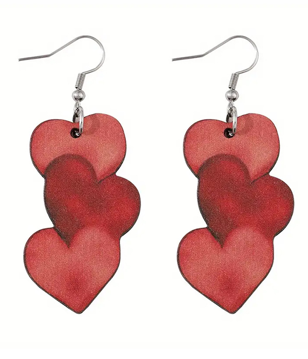 Triple heart wood earring