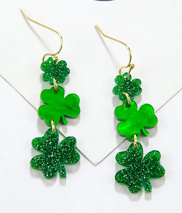 St patrick theme acrylic triple clover dangle drop earring