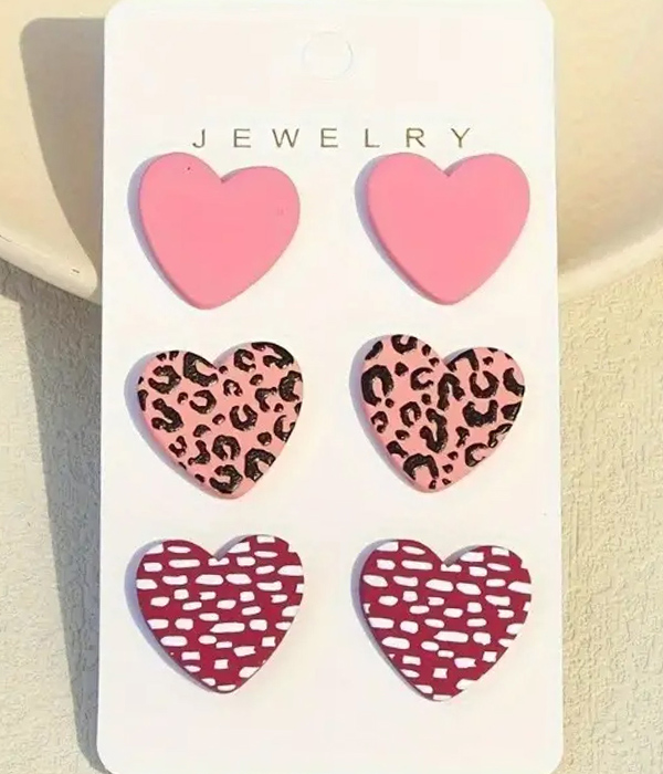 Animal print 3 pair heart earring set