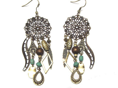 Antique style metal and patina ball earring