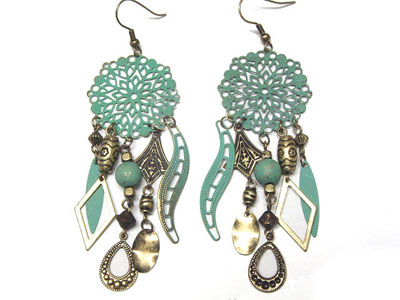 Antique style metal and patina ball earring