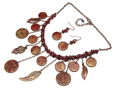 Burnish metal disk and leaves drop beads and chain necklace and earring set