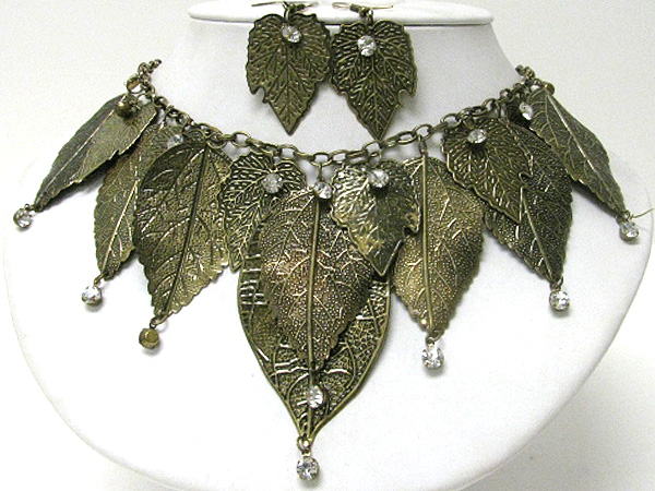 Crystal end multi metal leaf drop necklace earring set