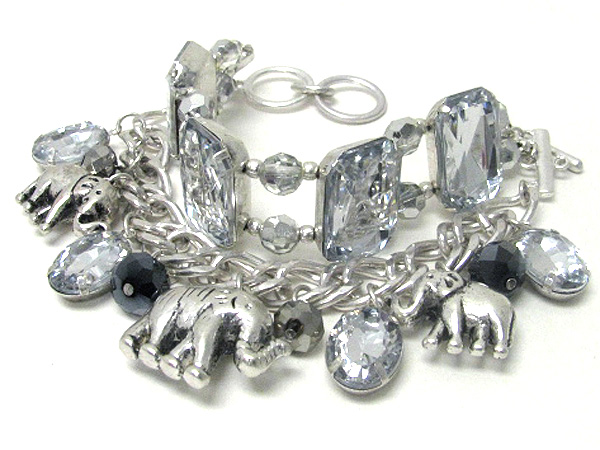 Facet glass and multi elephant charm toggle bracelet