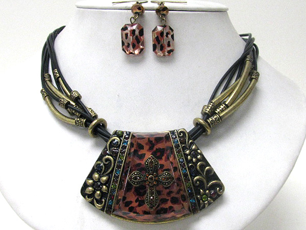 Crystal cross on animal print pendant and metal tube deco multi cord chain necklace earring set