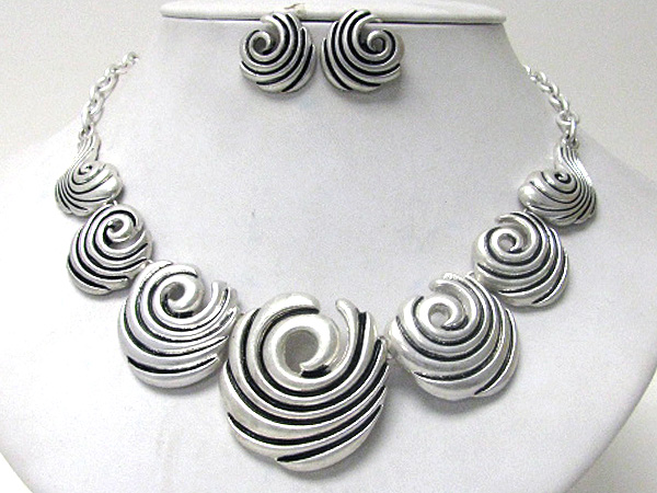 Multi metal swirl disk link necklace earring set