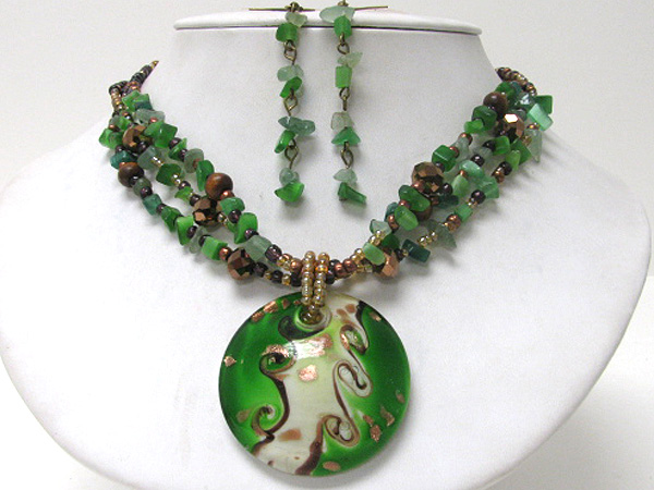 Murano glass medallion pendant and multi chipstone chain necklace earring set