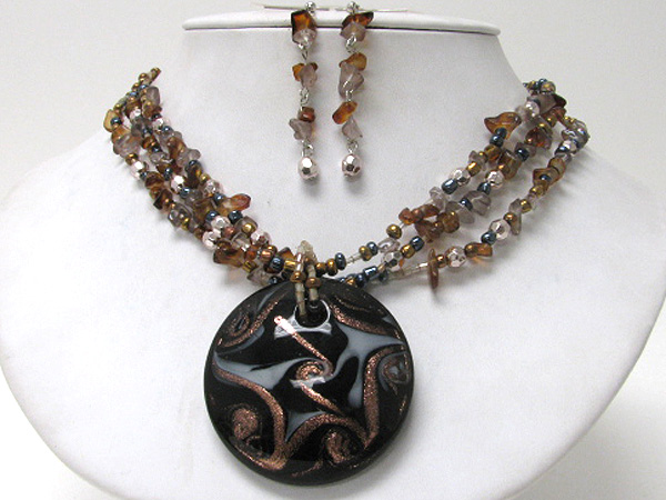 Murano glass medallion pendant and multi chipstone chain necklace earring set