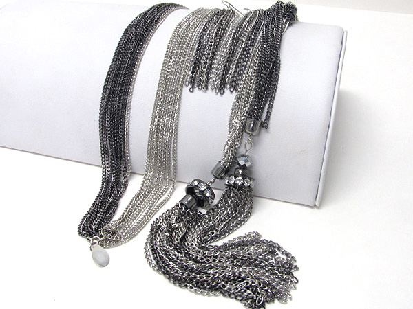 Crystal ring and tassel end lariat necklace earring set