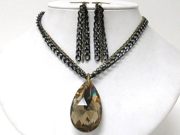 Facet glass tear drop pendant necklace earring set