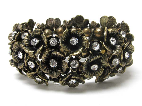 Multi crystal center metal flower link stretch bracelet