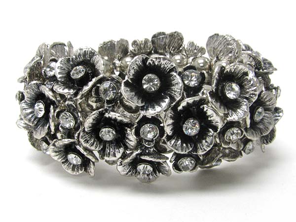 Multi crystal center metal flower link stretch bracelet