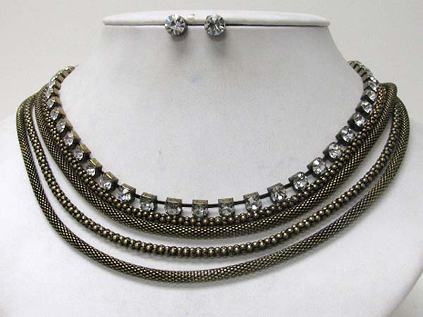 Multi tube chain and rhinestone accent necklace earring set