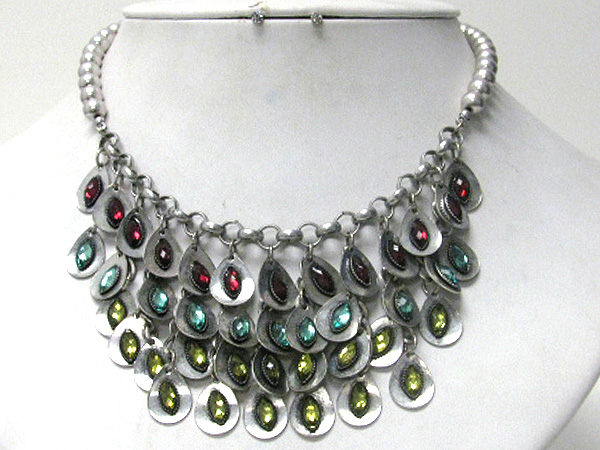 Multi tear drop facet glass and metal link and drop necklace earring set