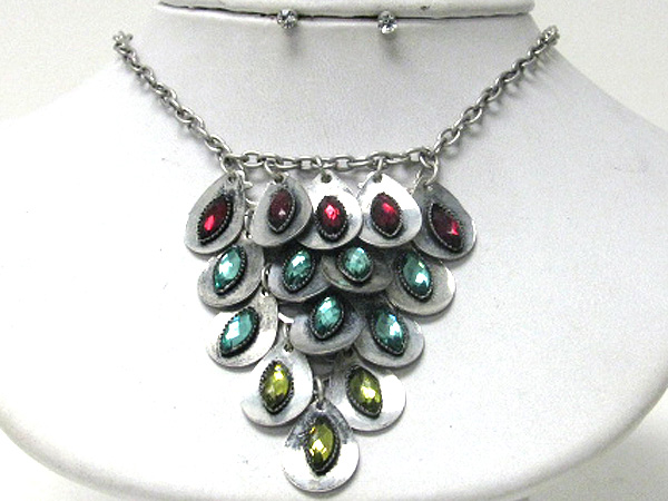 Multi tear drop facet glass and metal link and drop necklace earring set