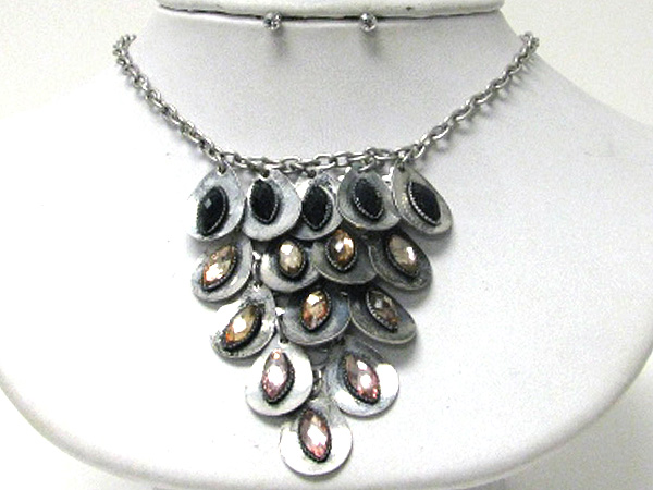 Multi tear drop facet glass and metal link and drop necklace earring set