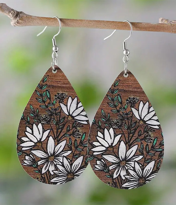 Ethnic flower wood teardrop earring