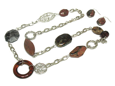 Patina beads and decent metal chain long necklace and earring set