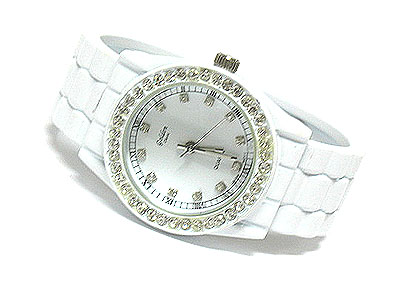 Colored designer inspired crystal frame and dial metal band watch 