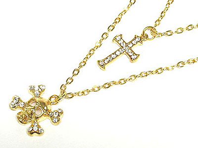 Crystal double layer skull and cross necklace