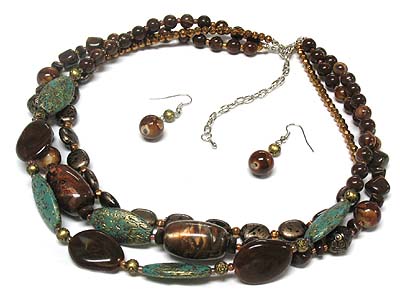 Multi strand patina and mix bead necklace and earring set 