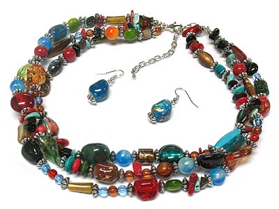 Multi strand and mix beads necklace and earring set