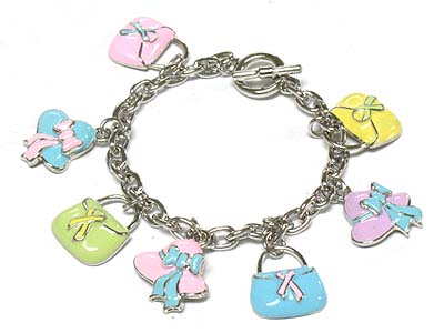 Enamel ribbon deco hat and bag charms bracelet