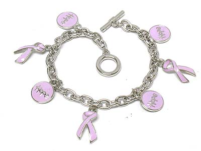 Enamel ribbon and round hope disk charm bracelet