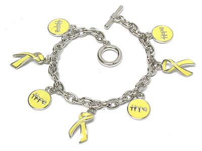 Enamel ribbon and round hope disk charm bracelet