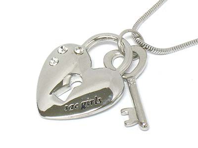 Crystal stone deco heart lock and key necklace 