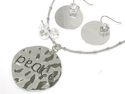 Round peace pendant and beads necklace and earring set 