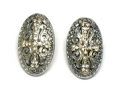 Crystal cross pattern oval casting metal earring