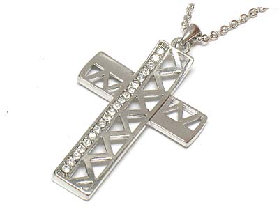 Crystal line cross pendant long necklace