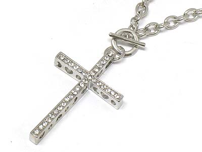 Crystal line deco metal cross pendant toggle necklace