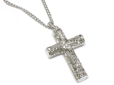 Crystal deco cross pattern metal cross pendant necklace