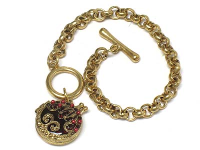 Crystal deco metal open locket charm toggle bracelet 