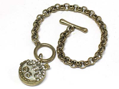 Crystal deco metal open locket charm toggle bracelet 