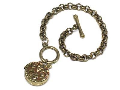 Crystal deco metal open locket charm toggle bracelet 