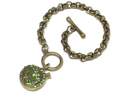 Crystal deco metal open locket charm toggle bracelet 