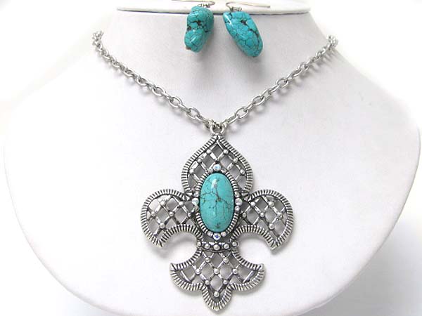 Turquoise stone fleur del lis pendant necklace earring set