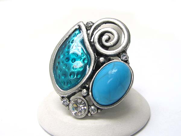 Turquoise stone crystal and enamel art deco stretch ring