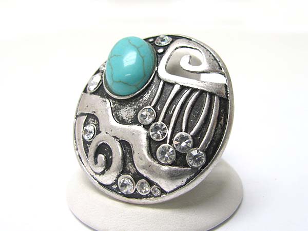 Turquoise stone crystal deco te4xtured metal stretch ring