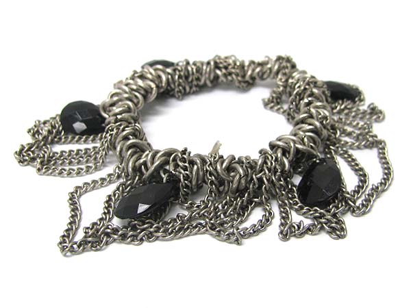 Facet glass and multi chain hanging stretch bracelet